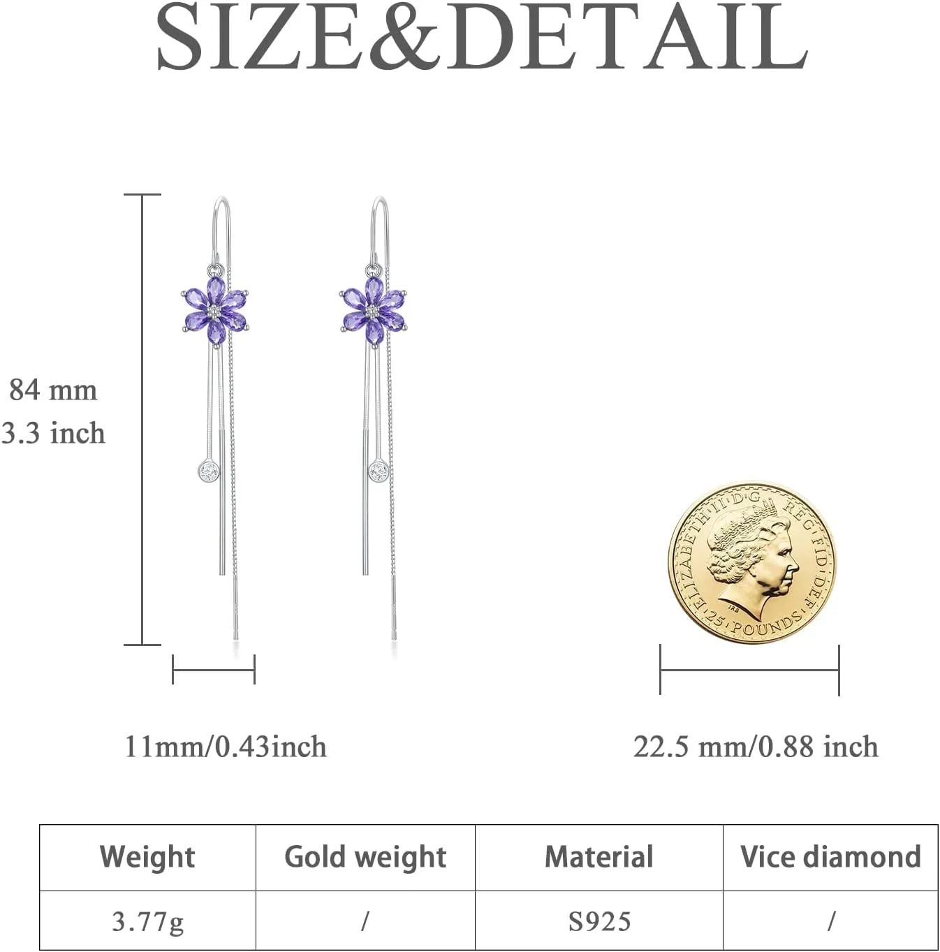Sterling Silver Threader Earrings with Crystal Cubic Zirconia Flower Star Heart Butterfly Tassel Long Charm Drop Dangle Earrings Jewelry Gifts for Women Girls