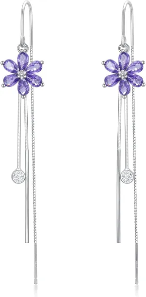 Sterling Silver Threader Earrings with Crystal Cubic Zirconia Flower Star Heart Butterfly Tassel Long Charm Drop Dangle Earrings Jewelry Gifts for Women Girls
