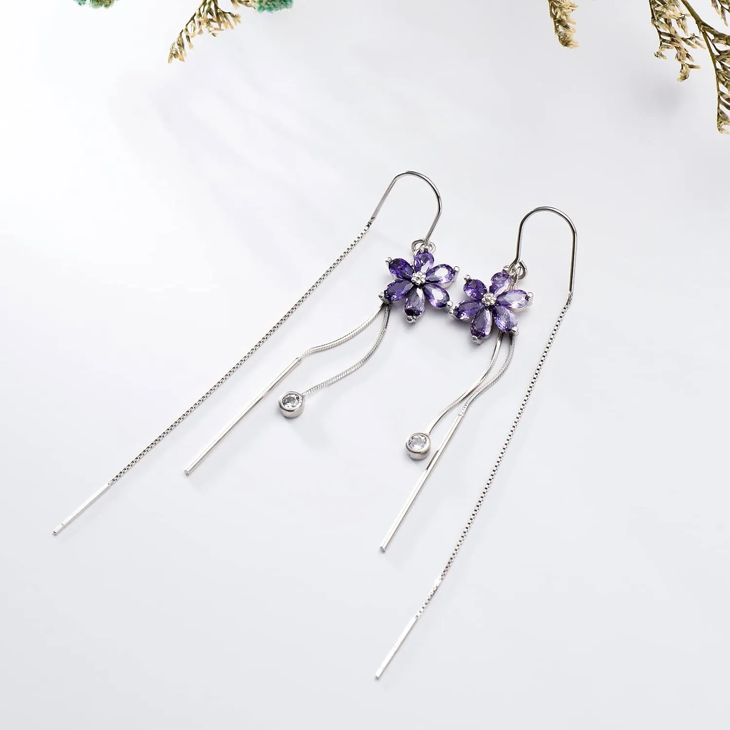 Sterling Silver Threader Earrings with Crystal Cubic Zirconia Flower Star Heart Butterfly Tassel Long Charm Drop Dangle Earrings Jewelry Gifts for Women Girls