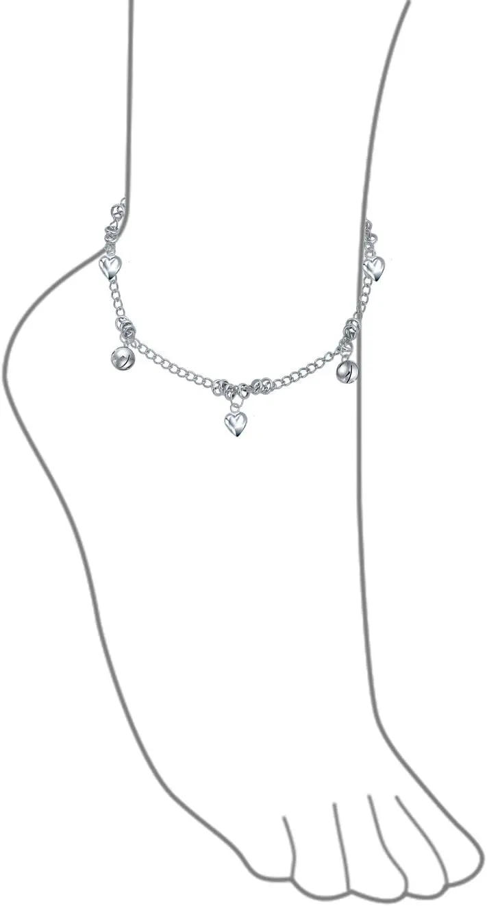 Sturdy Simple Station Crystal Green Bead Jingle Bell & Heart Ball Anklet Ankle Bracelet For Women Teens .925 Sterling Silver 9-10 Inch Adjustable