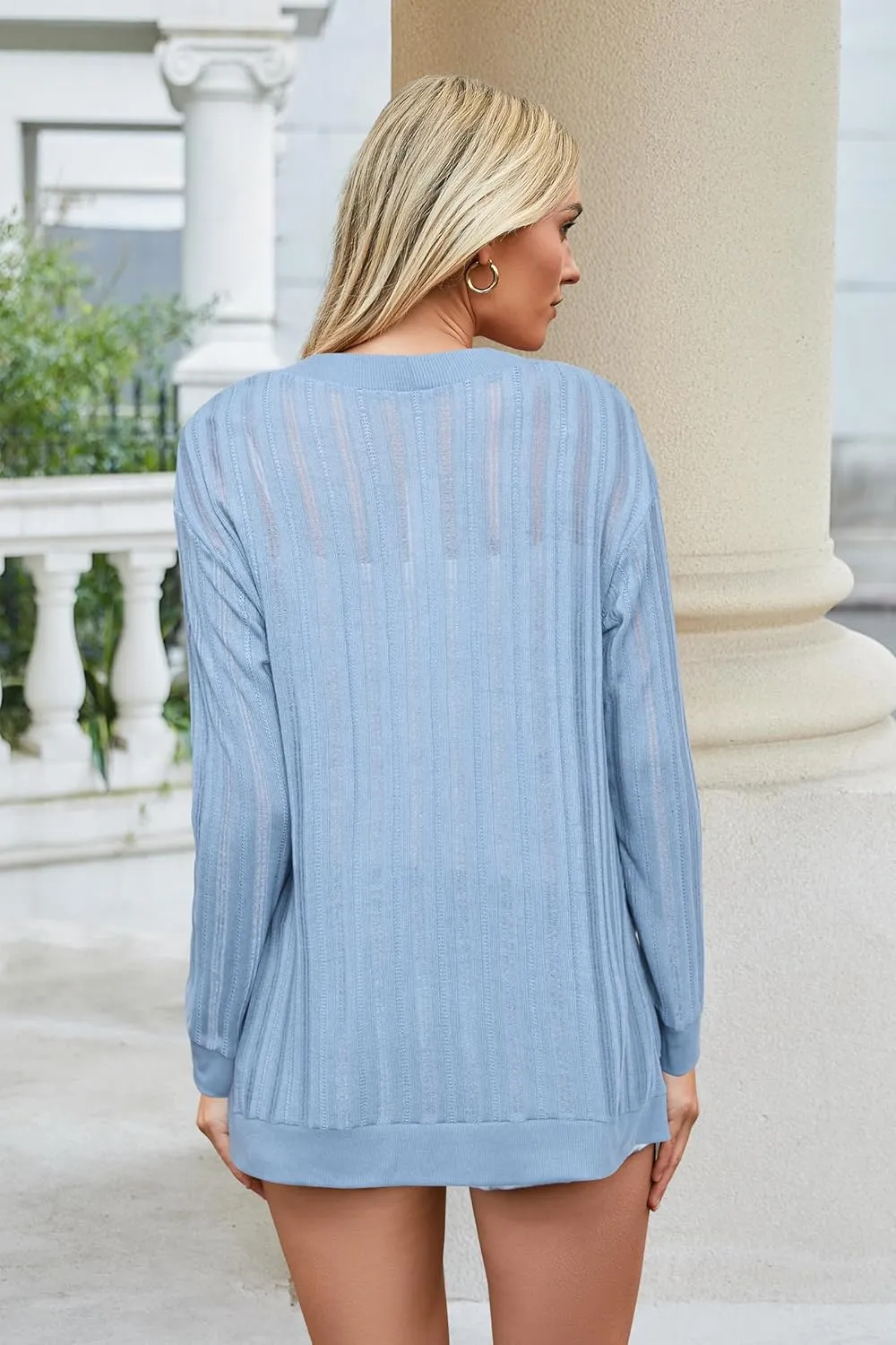 STYLEWORD Women's 2025 Summer Fashion Cardigan Lightweight Boho Knit Hollow Beach Cover Up Kimonos Open Front with Pockets