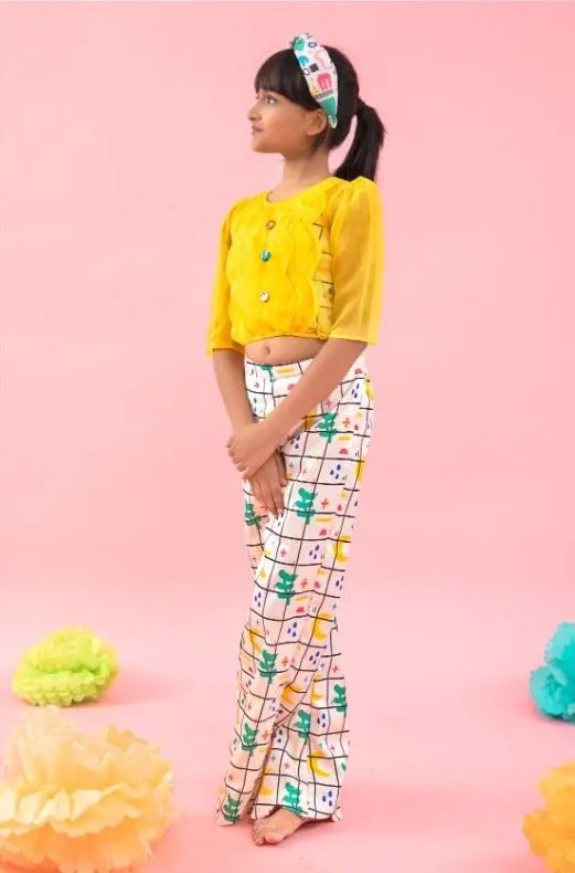 Stylish Scalaped Yellow Organza top with multicolour pants