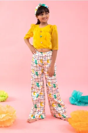 Stylish Scalaped Yellow Organza top with multicolour pants