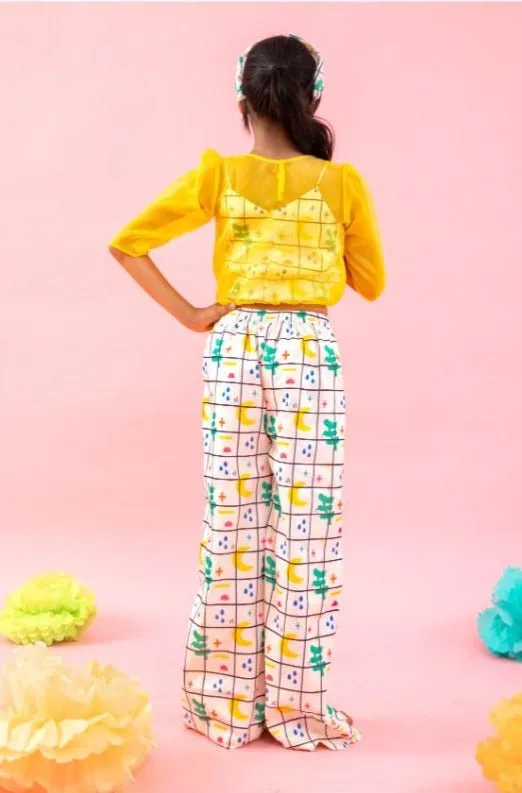 Stylish Scalaped Yellow Organza top with multicolour pants