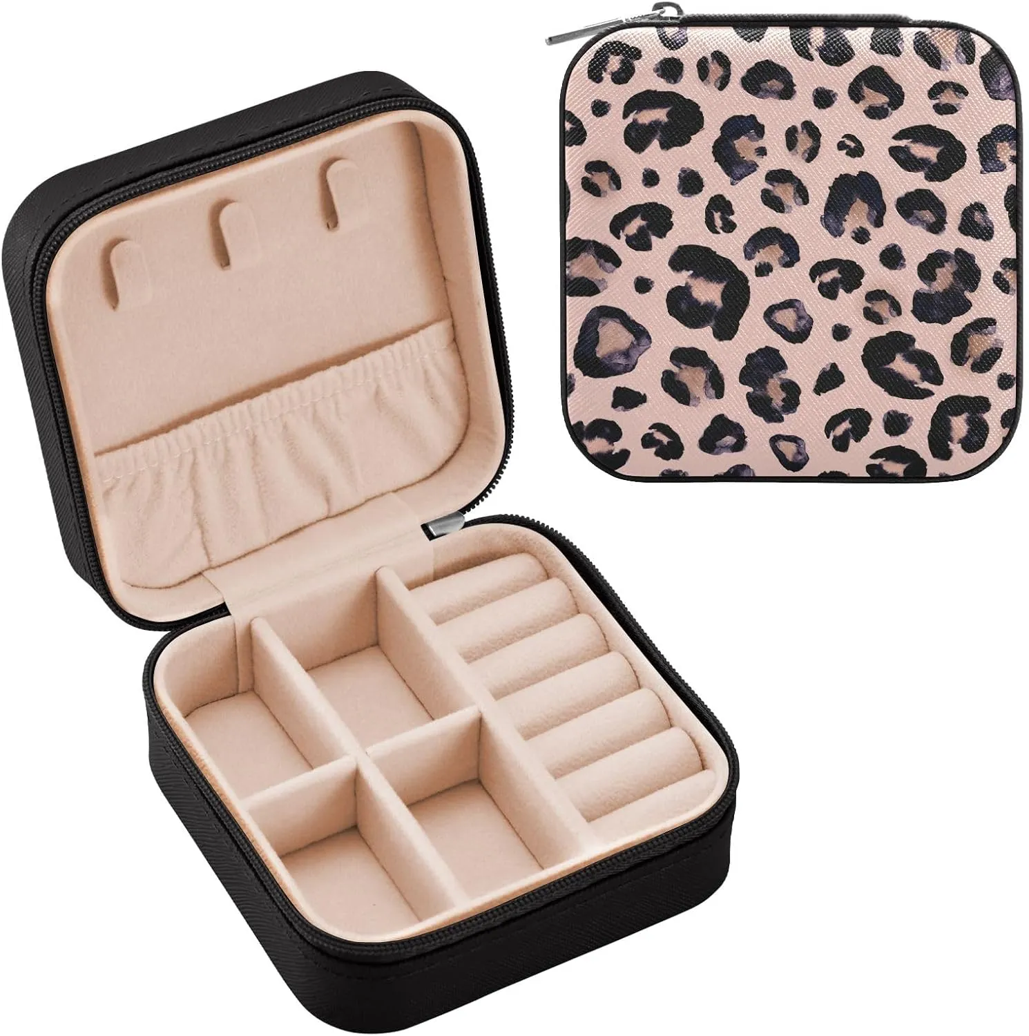 SUABO Leopard Print Cheetah Pink Jewelry Box Necklace Ring Storage Organizer Mini Jewelry case Earrings Leather Jewelry Travel Organizer for Women Girls Girlfriend Wife Gift