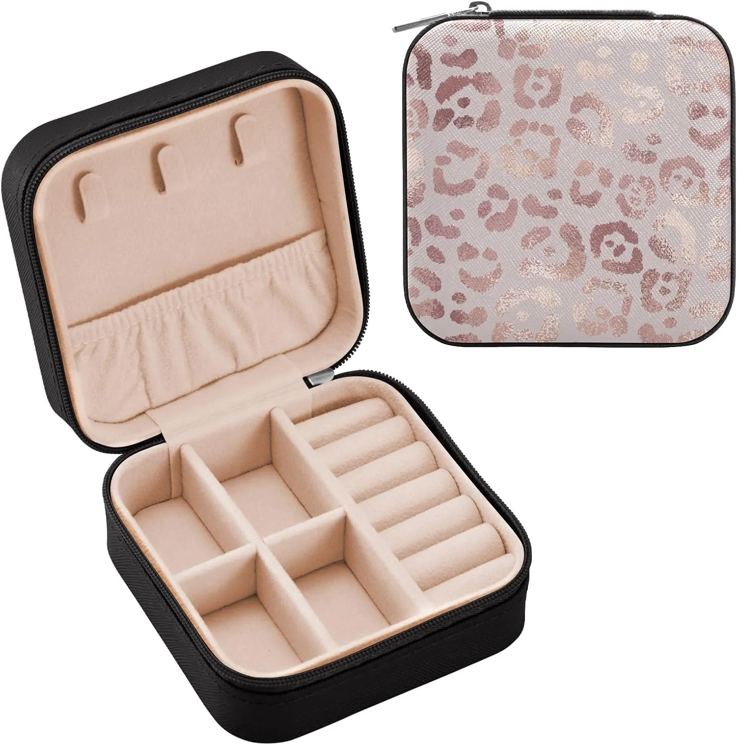 SUABO Leopard Print Cheetah Rose Gold Jewelry Box Necklace Ring Storage Organizer Mini Jewelry case Earrings Leather Jewelry Travel Organizer for Women Girls Girlfriend Wife Gift