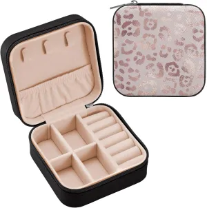SUABO Leopard Print Cheetah Rose Gold Jewelry Box Necklace Ring Storage Organizer Mini Jewelry case Earrings Leather Jewelry Travel Organizer for Women Girls Girlfriend Wife Gift