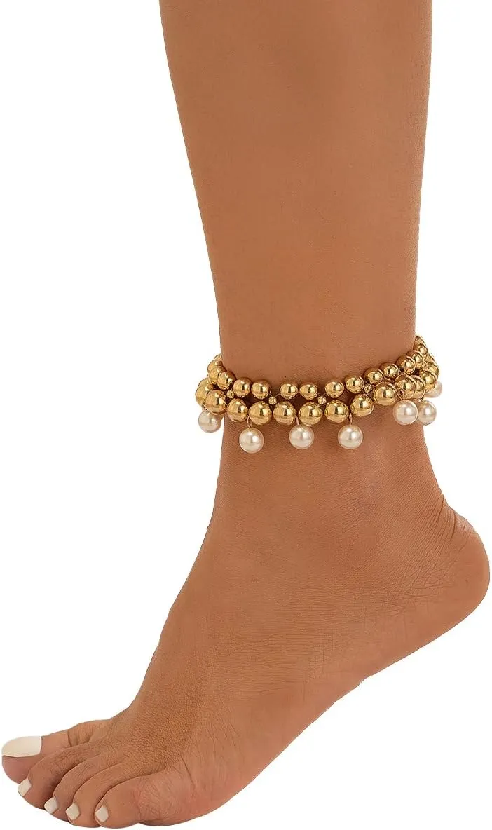 Summer Beach Bead Anklet Bracelet,Multi-layered Pearl Tassel Anklets,Bikini Foot Chain Bracelet Wedding Bridal Pearl Leg Bracelet Jewelry