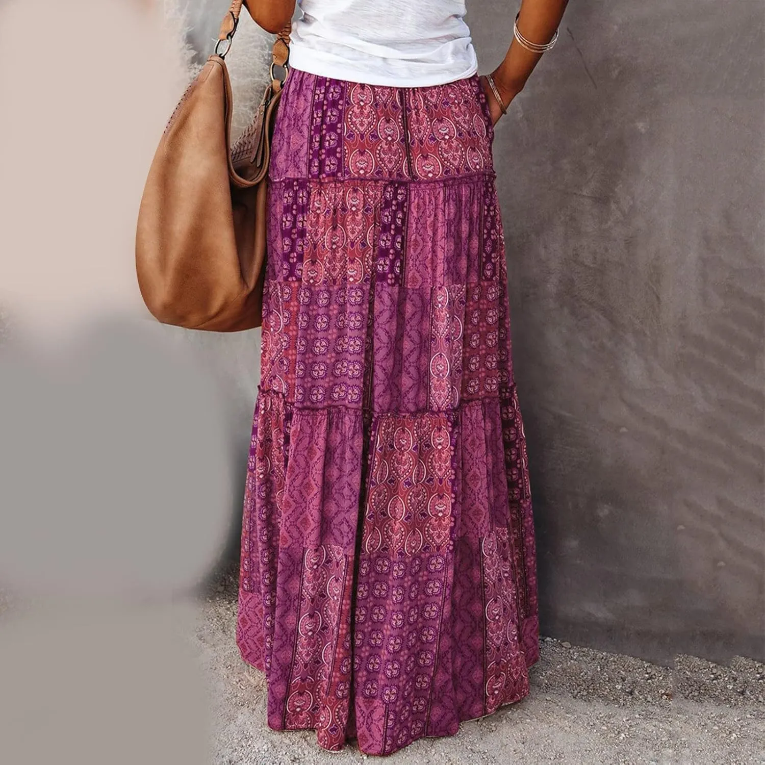 Summer Boho Floral Mixi Skirts for Women Girls A-Line Long Pleated Waist Flowy Swing Tiered Long Skirt with Pockets