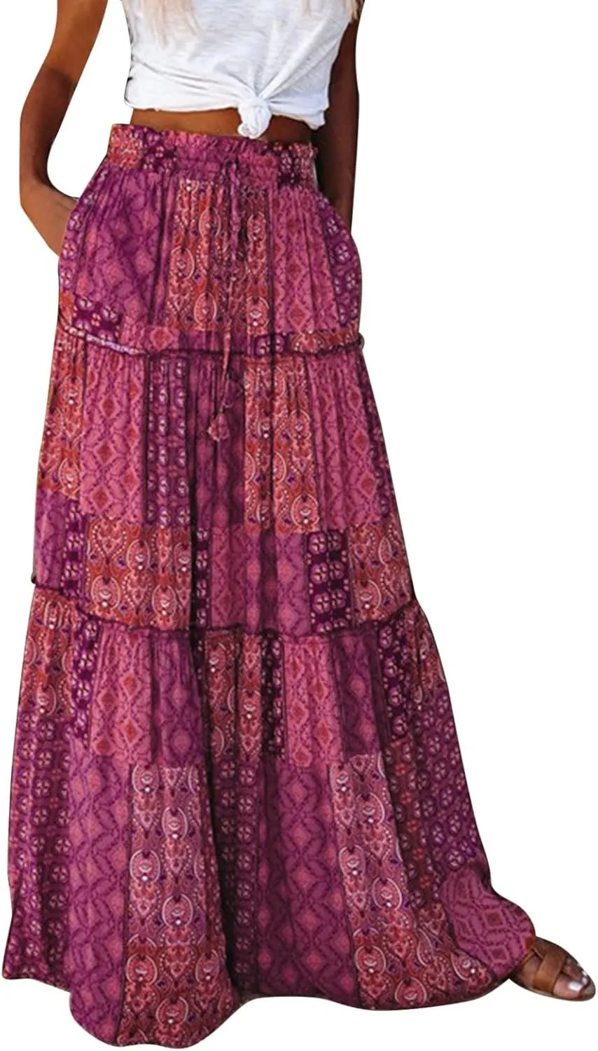 Summer Boho Floral Mixi Skirts for Women Girls A-Line Long Pleated Waist Flowy Swing Tiered Long Skirt with Pockets