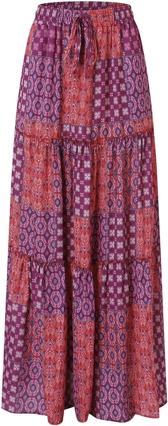 Summer Boho Floral Mixi Skirts for Women Girls A-Line Long Pleated Waist Flowy Swing Tiered Long Skirt with Pockets