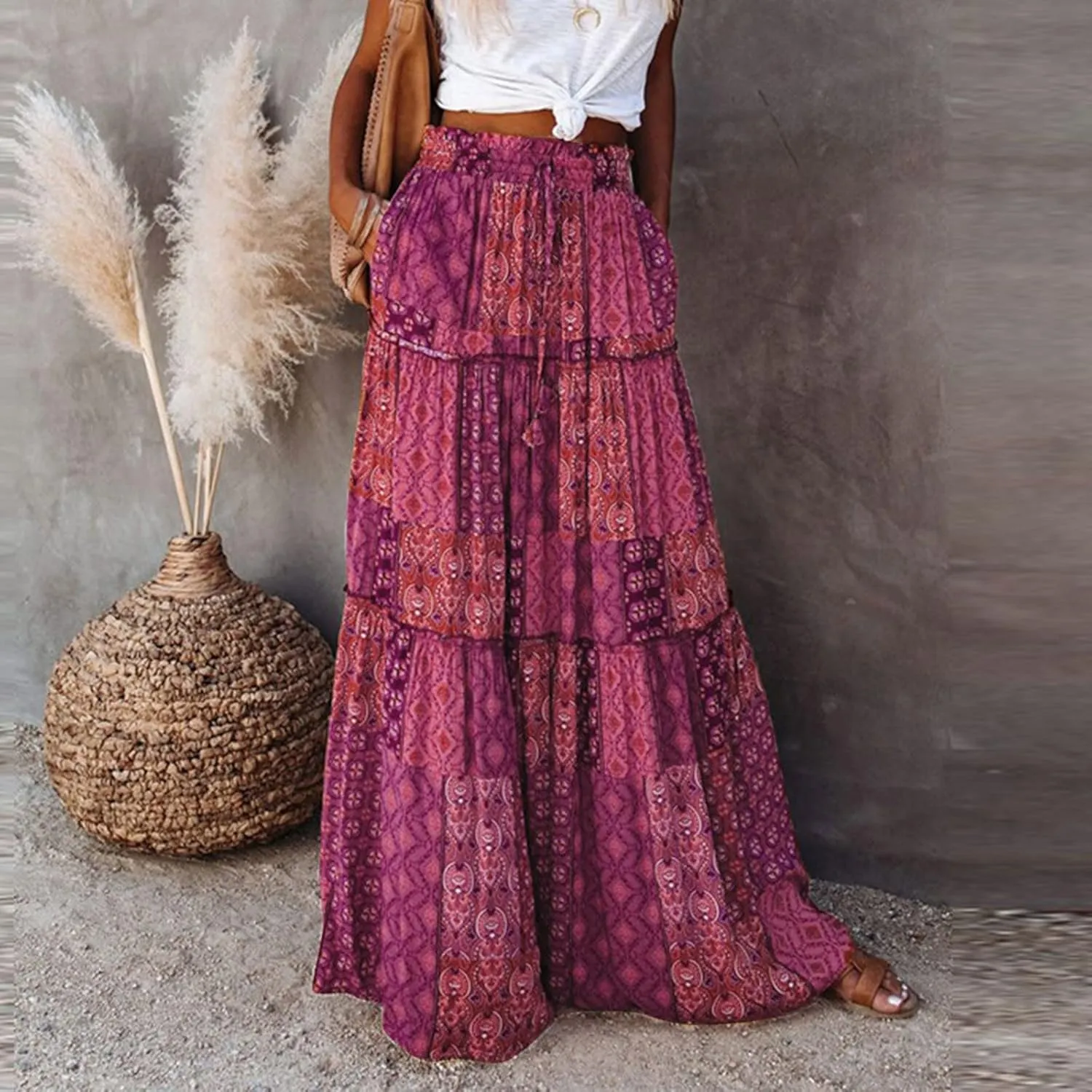 Summer Boho Floral Mixi Skirts for Women Girls A-Line Long Pleated Waist Flowy Swing Tiered Long Skirt with Pockets