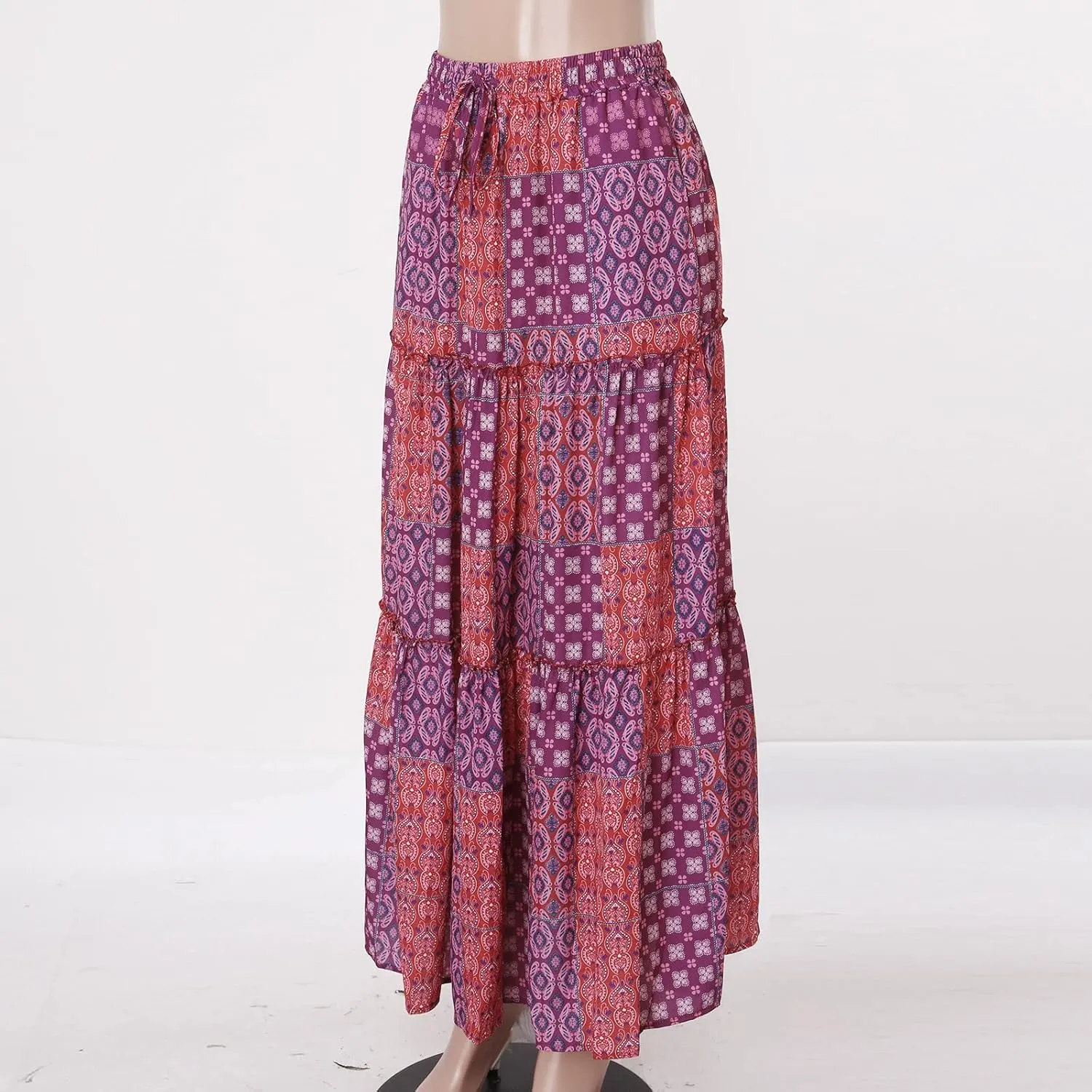 Summer Boho Floral Mixi Skirts for Women Girls A-Line Long Pleated Waist Flowy Swing Tiered Long Skirt with Pockets