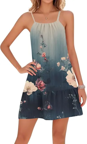 Summer Dress for Women Swimsuit Cover Up Crewneck Adjustable Straps Ruffle Beach Backless Mini Vacation Sundress