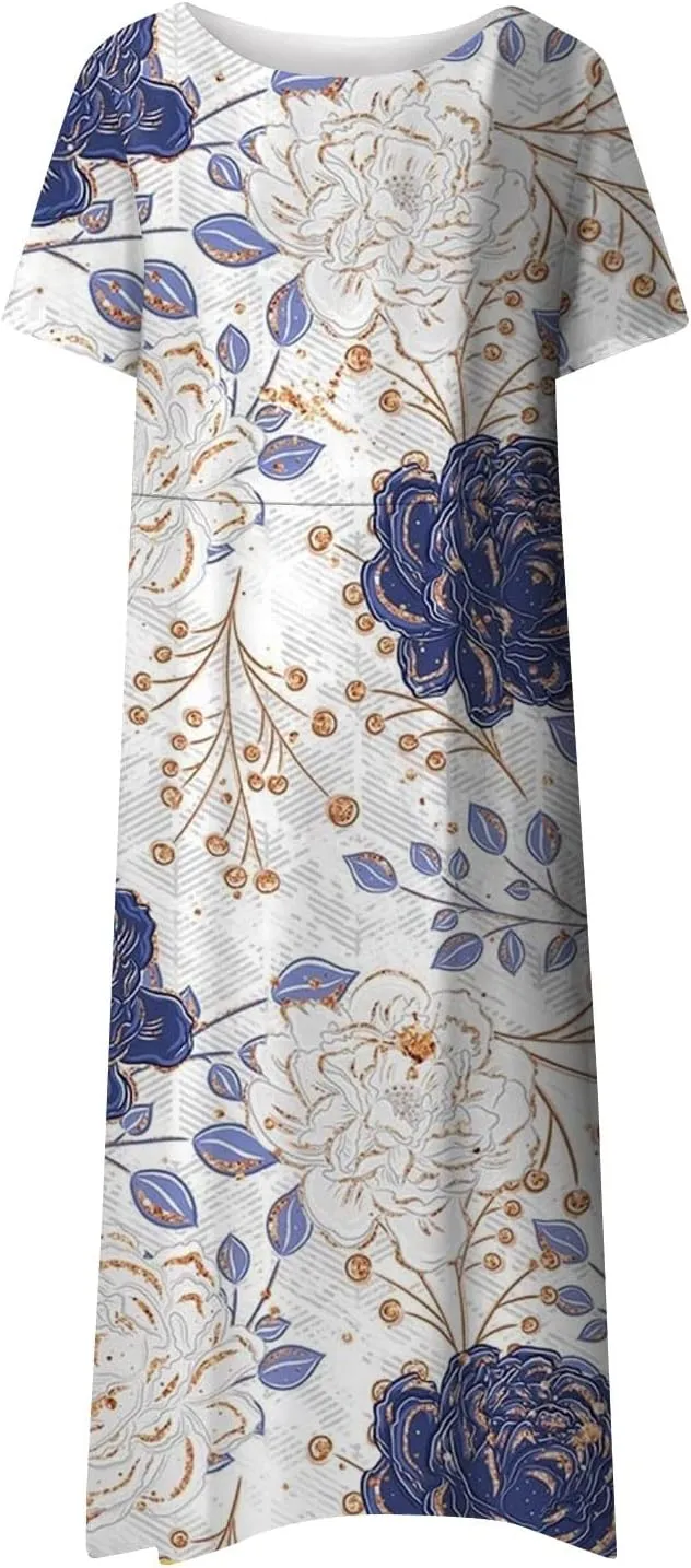 Summer Dresses for Women 2024 Pocket Short Sleeve Beach Dress Printed Pleated Dresses Round Neck Comfy Maxi Dress