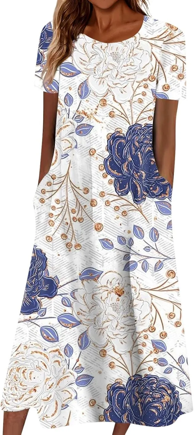 Summer Dresses for Women 2024 Pocket Short Sleeve Beach Dress Printed Pleated Dresses Round Neck Comfy Maxi Dress