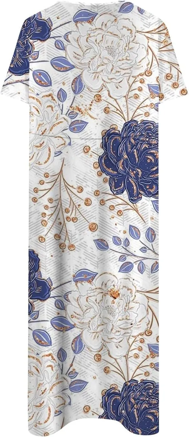 Summer Dresses for Women 2024 Pocket Short Sleeve Beach Dress Printed Pleated Dresses Round Neck Comfy Maxi Dress