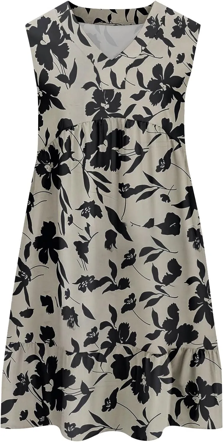Summer Dresses for Women 2025 Sleeveless V Neck Mini Dress Flowy Boho Floral Ruffle A Line Swing Beach Sundress