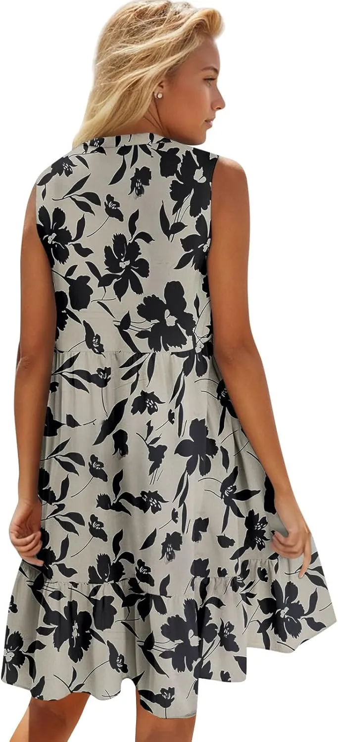 Summer Dresses for Women 2025 Sleeveless V Neck Mini Dress Flowy Boho Floral Ruffle A Line Swing Beach Sundress