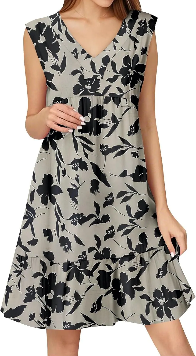 Summer Dresses for Women 2025 Sleeveless V Neck Mini Dress Flowy Boho Floral Ruffle A Line Swing Beach Sundress