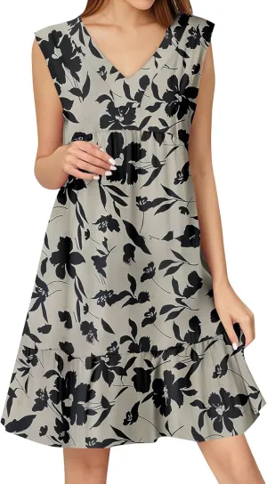 Summer Dresses for Women 2025 Sleeveless V Neck Mini Dress Flowy Boho Floral Ruffle A Line Swing Beach Sundress