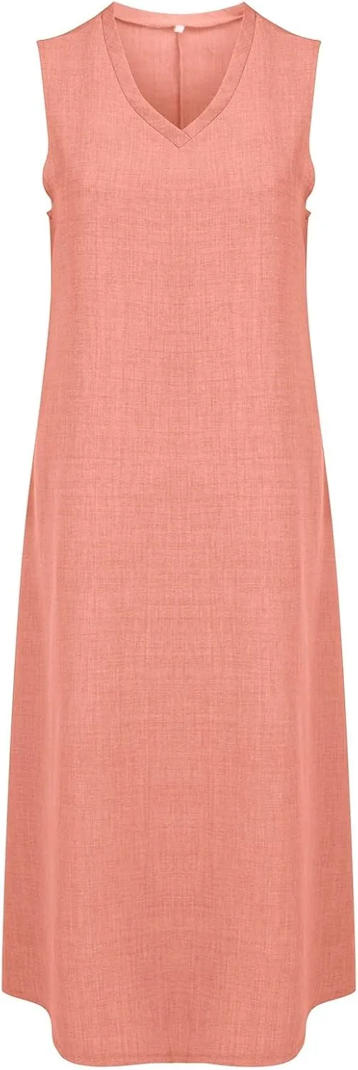 Summer Linen Dresses for Womens Sleeveless Sundress Casual Cotton Linen Tank Maxi Dress 2025