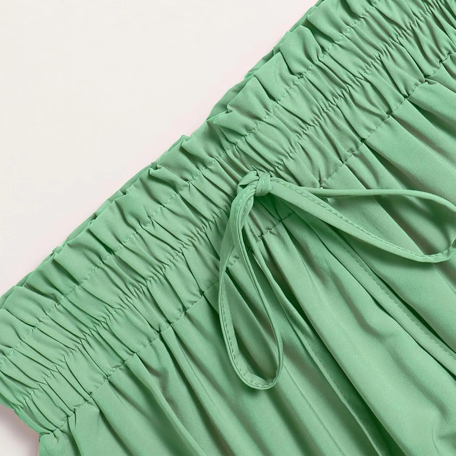 Summer Midi Skirt for Women Drawstring Elastic Waist Knee Length Skirt Smocked Tiered A-Line Solid Color Swing Skirts