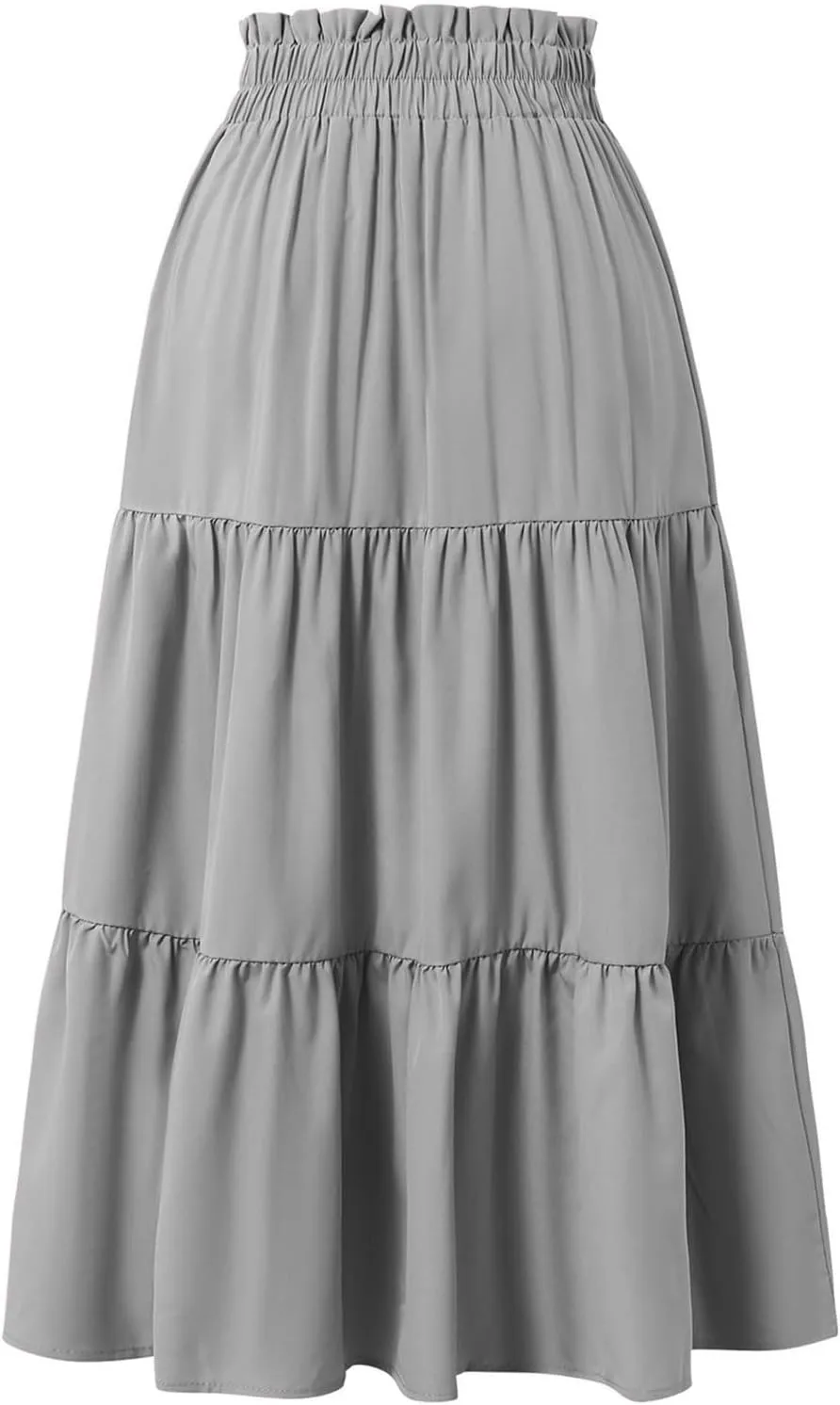 Summer Midi Skirt for Women Drawstring Elastic Waist Knee Length Skirt Smocked Tiered A-Line Solid Color Swing Skirts