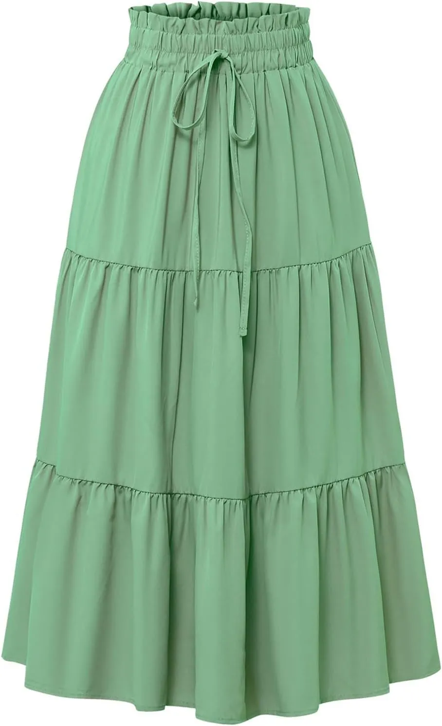 Summer Midi Skirt for Women Drawstring Elastic Waist Knee Length Skirt Smocked Tiered A-Line Solid Color Swing Skirts