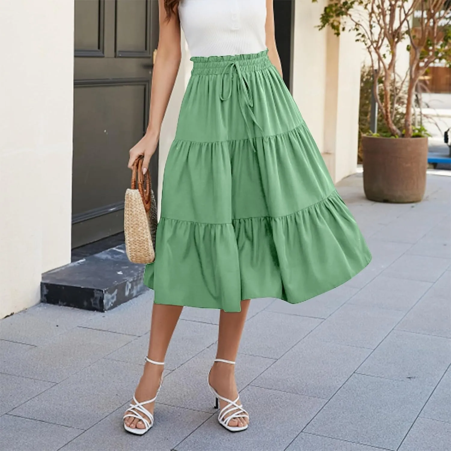 Summer Midi Skirt for Women Drawstring Elastic Waist Knee Length Skirt Smocked Tiered A-Line Solid Color Swing Skirts