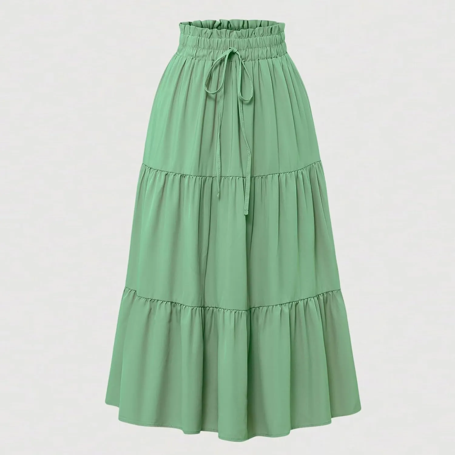 Summer Midi Skirt for Women Drawstring Elastic Waist Knee Length Skirt Smocked Tiered A-Line Solid Color Swing Skirts
