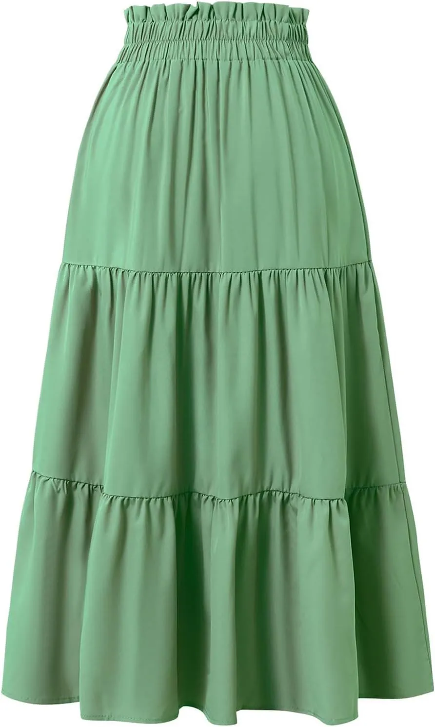 Summer Midi Skirt for Women Drawstring Elastic Waist Knee Length Skirt Smocked Tiered A-Line Solid Color Swing Skirts