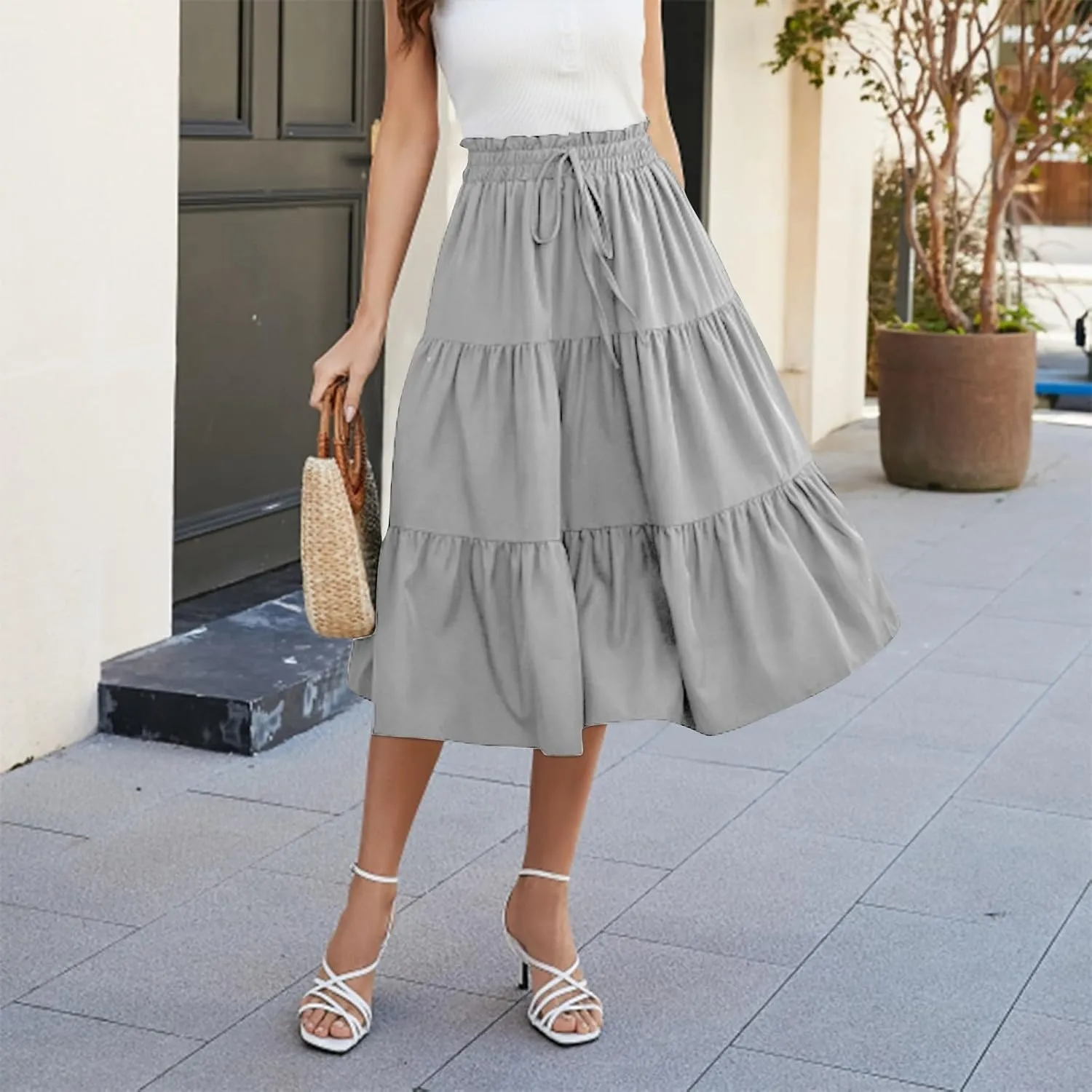 Summer Midi Skirt for Women Drawstring Elastic Waist Knee Length Skirt Smocked Tiered A-Line Solid Color Swing Skirts