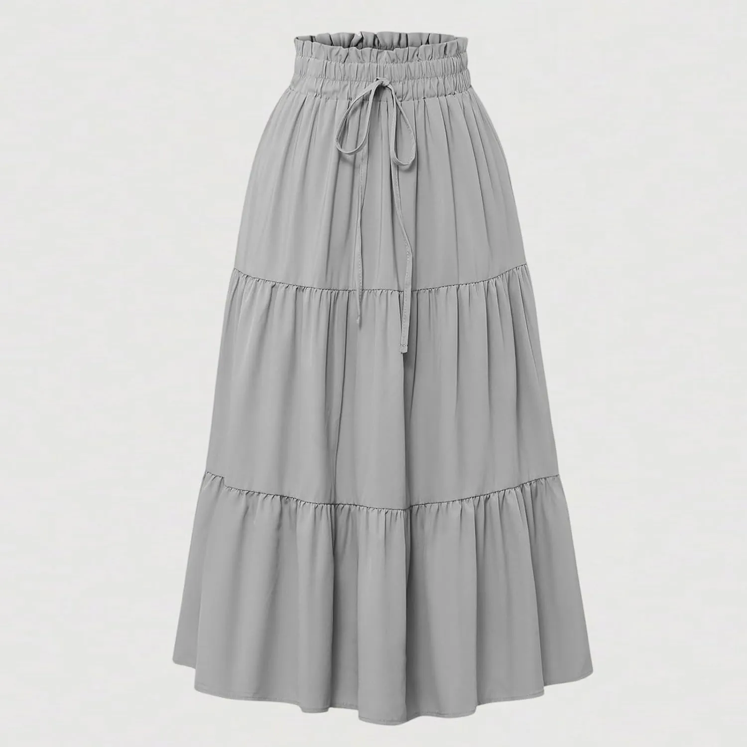 Summer Midi Skirt for Women Drawstring Elastic Waist Knee Length Skirt Smocked Tiered A-Line Solid Color Swing Skirts