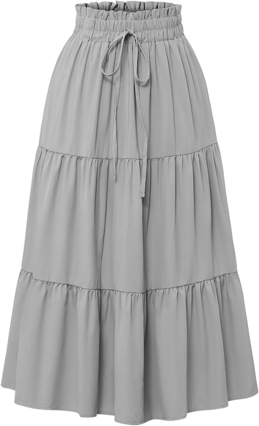 Summer Midi Skirt for Women Drawstring Elastic Waist Knee Length Skirt Smocked Tiered A-Line Solid Color Swing Skirts