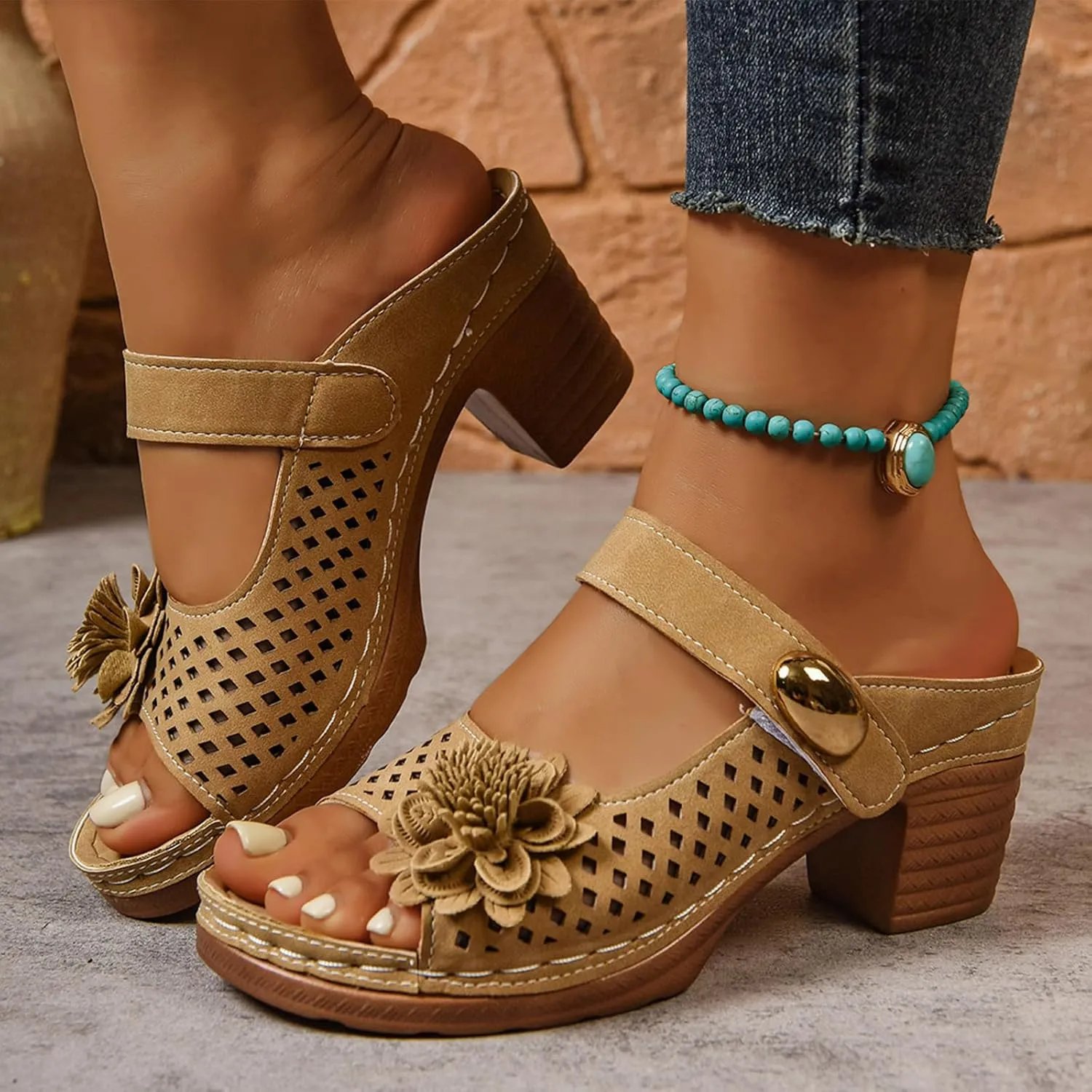 Summer Sandals For Women 2025,Peep Toe Backless Slingback Orthopedic Cutout Flower Slide Sandal Strappy Chunky Heels Slip On Slippers Ladies Comfy Dressy Shoes for Outdoor Indoor Daily Wear