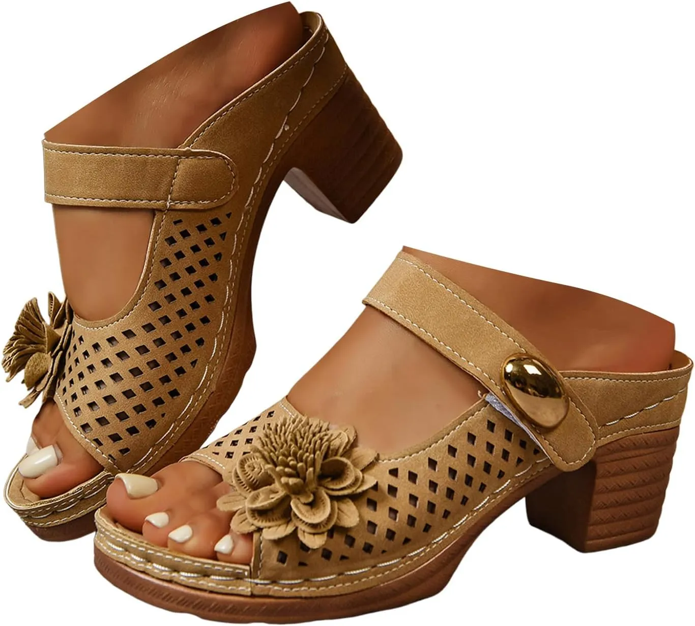 Summer Sandals For Women 2025,Peep Toe Backless Slingback Orthopedic Cutout Flower Slide Sandal Strappy Chunky Heels Slip On Slippers Ladies Comfy Dressy Shoes for Outdoor Indoor Daily Wear