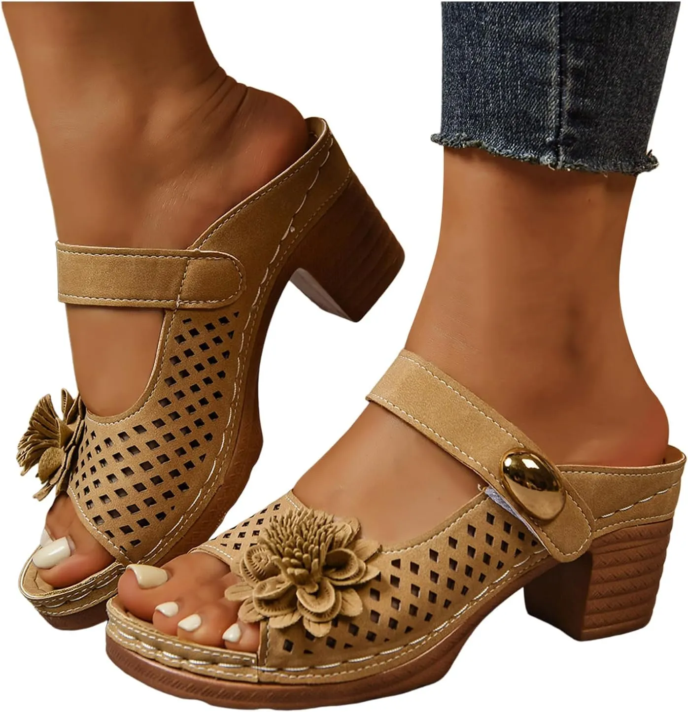 Summer Sandals For Women 2025,Peep Toe Backless Slingback Orthopedic Cutout Flower Slide Sandal Strappy Chunky Heels Slip On Slippers Ladies Comfy Dressy Shoes for Outdoor Indoor Daily Wear
