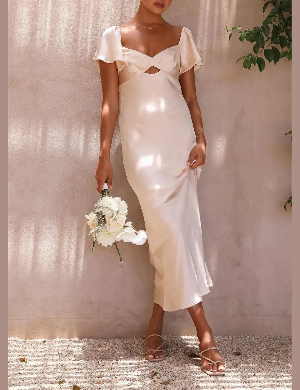 Summer Satin Flutter Sleeve Wedding Guest Dresses for Women Sweetheart Neckline Cutout Tie Back Midi Cocktail Dress