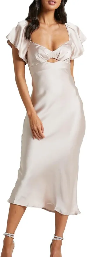 Summer Satin Flutter Sleeve Wedding Guest Dresses for Women Sweetheart Neckline Cutout Tie Back Midi Cocktail Dress