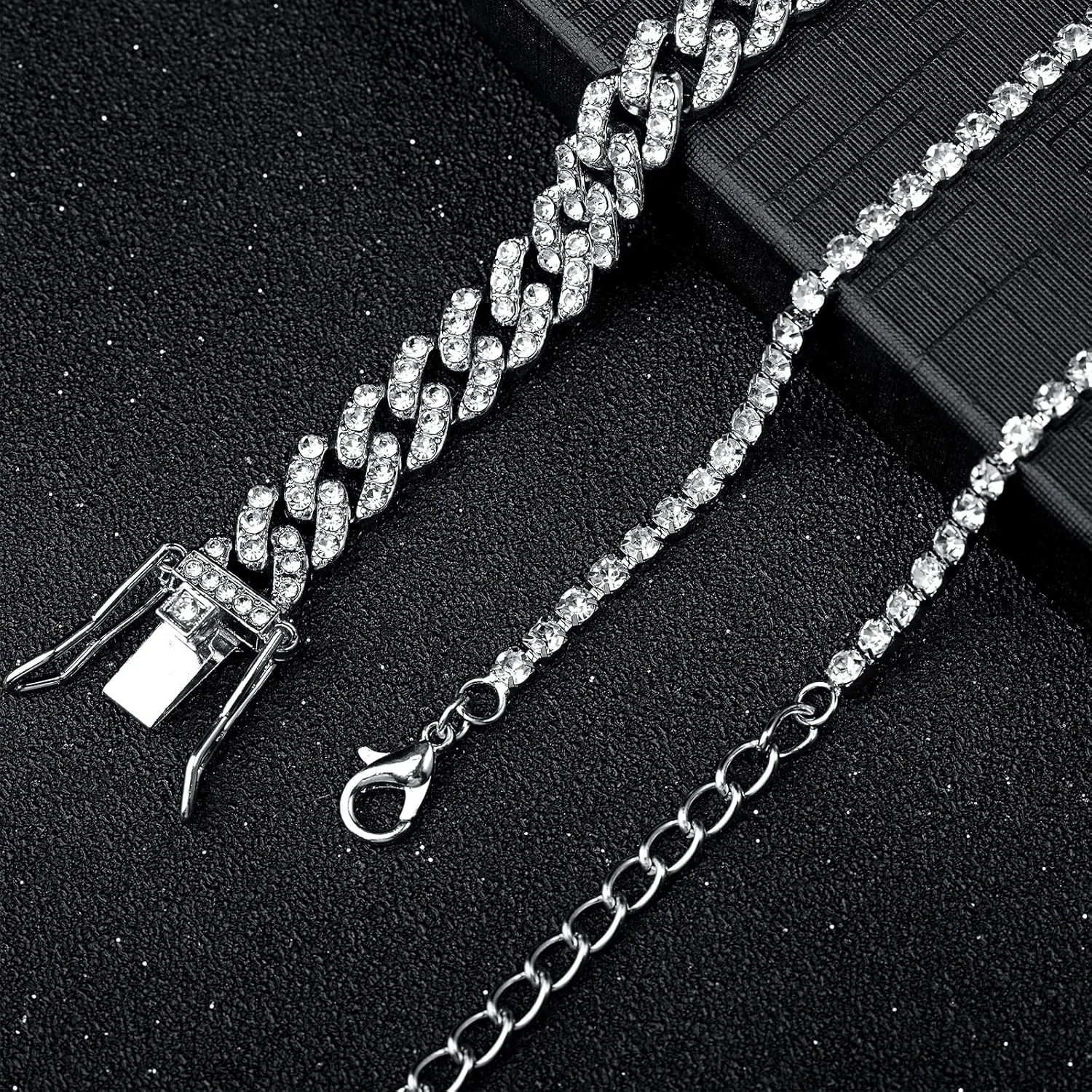 Sureio 3 Pcs Anklets Bracelet for Women Adjustable Diamond Tennis Cuban Style Link Anklets for Women Wedding Fashion Gifts