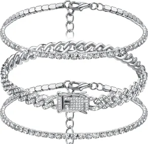 Sureio 3 Pcs Anklets Bracelet for Women Adjustable Diamond Tennis Cuban Style Link Anklets for Women Wedding Fashion Gifts