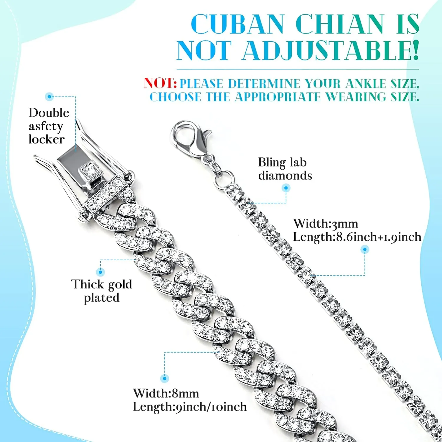 Sureio 3 Pcs Anklets Bracelet for Women Adjustable Diamond Tennis Cuban Style Link Anklets for Women Wedding Fashion Gifts