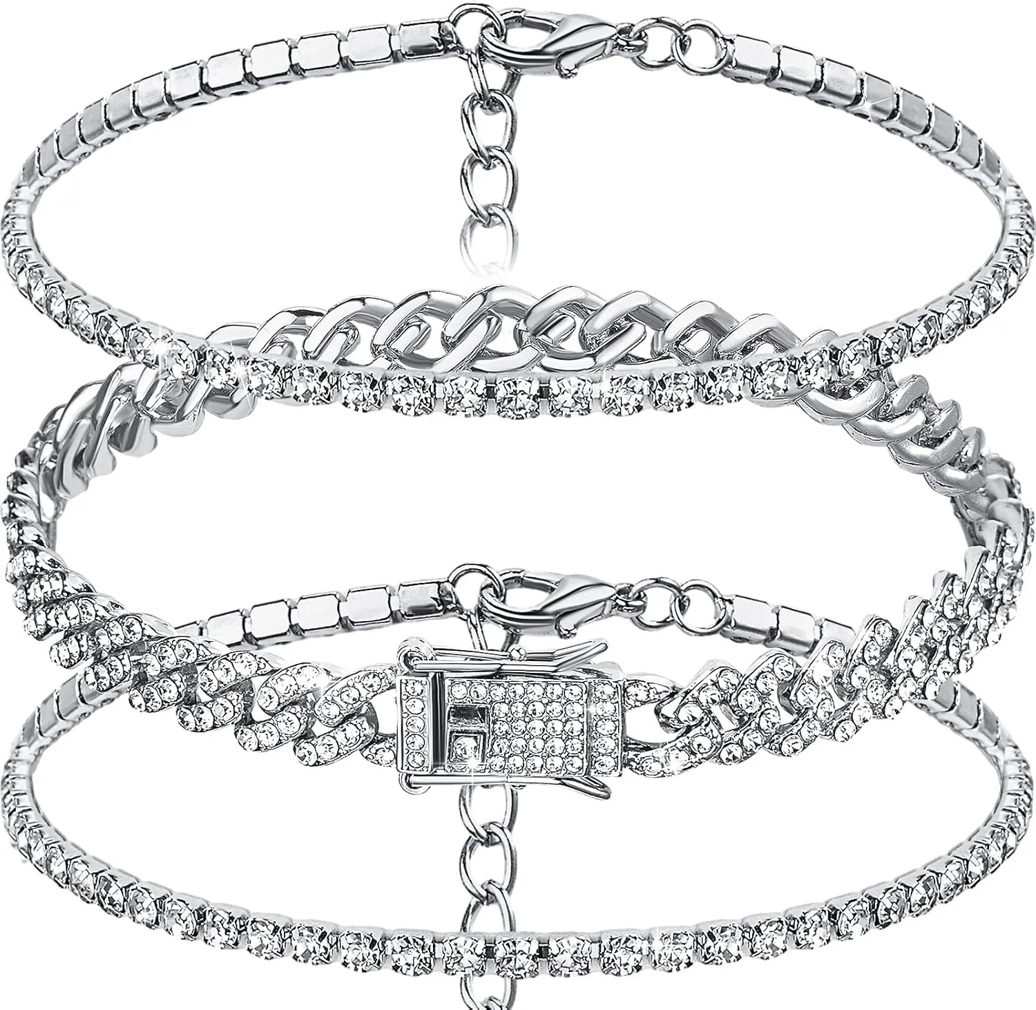 Sureio 3 Pcs Anklets Bracelet for Women Adjustable Diamond Tennis Cuban Style Link Anklets for Women Wedding Fashion Gifts