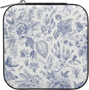 susiyo Vintage Blue Floral Chinoiserie Style Travel Mini Jewelry Box Portable PU Leather Organizer Case Storage Necklace Earrings Rings Bracelet Jewelry Rolls Clutch Bag for Women Ladies Girls (Square