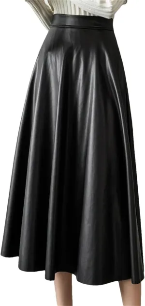 Suwequest A-Line Black Leather Skirts Hihg Waist Back Zipper Fly PU Skirts Pleated Skirt Midi Length Skirt