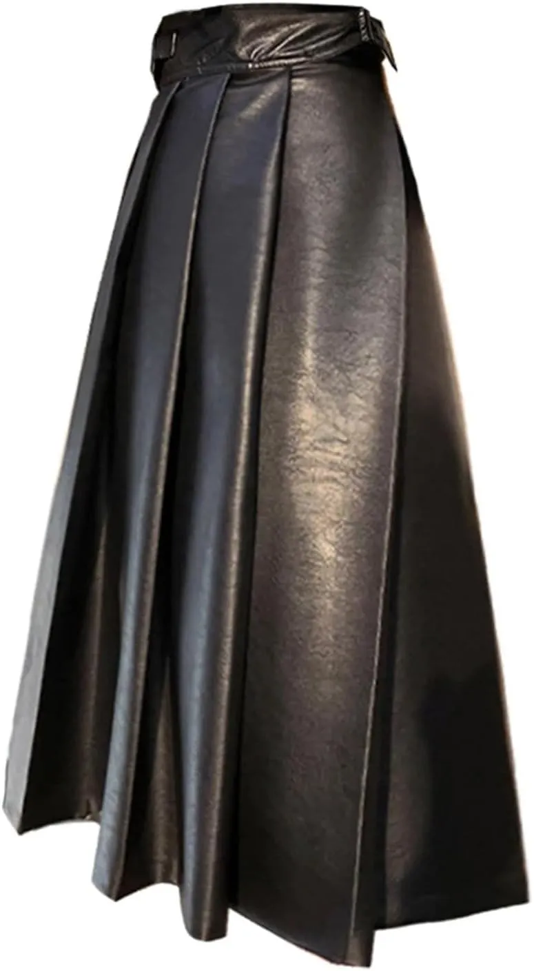 Suwequest Autumn High Waisted Pleated Black Soft Faux Leather Midi Skirt A Line Long Skirts for Women