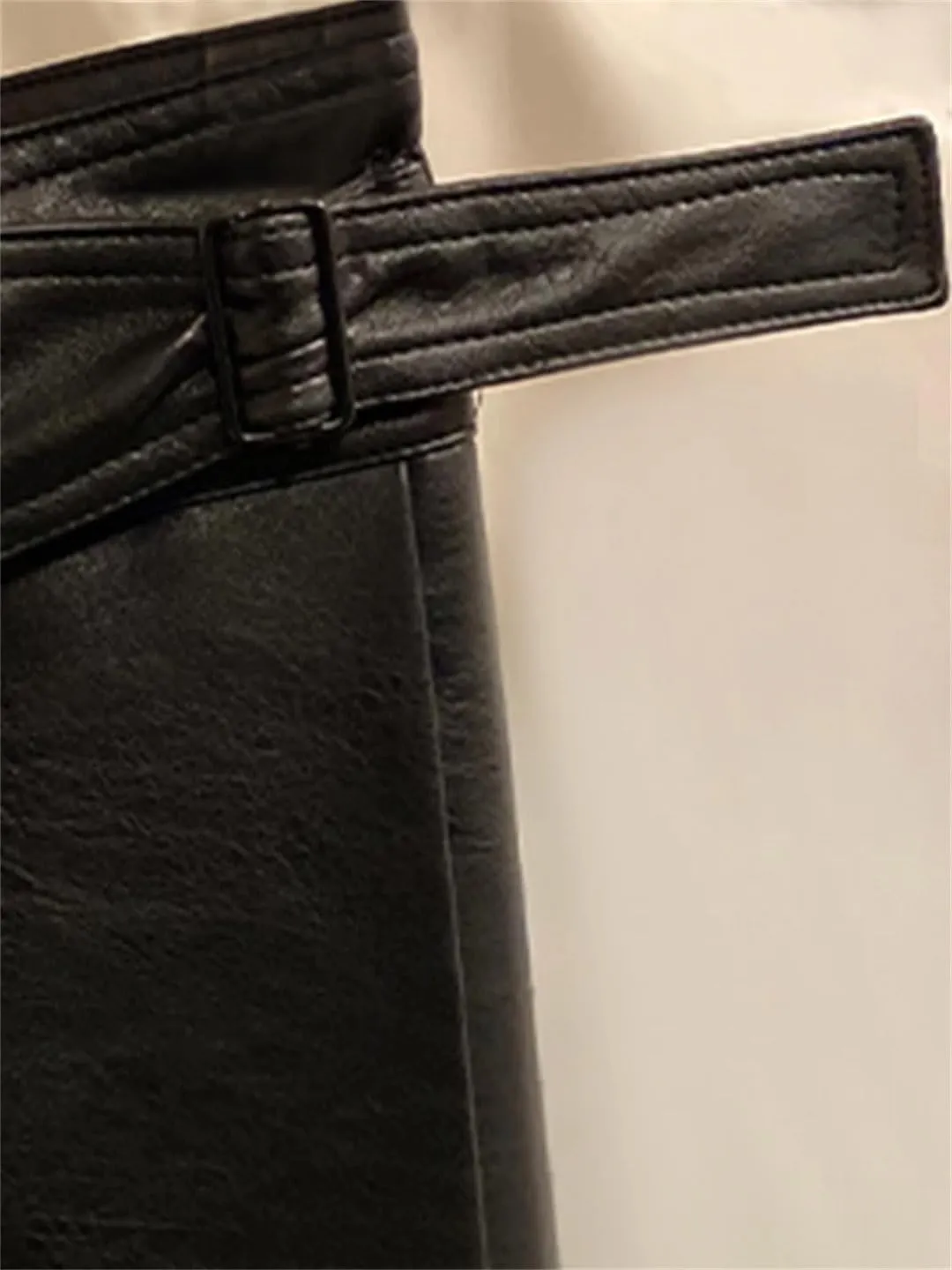 Suwequest Autumn High Waisted Pleated Black Soft Faux Leather Midi Skirt A Line Long Skirts for Women