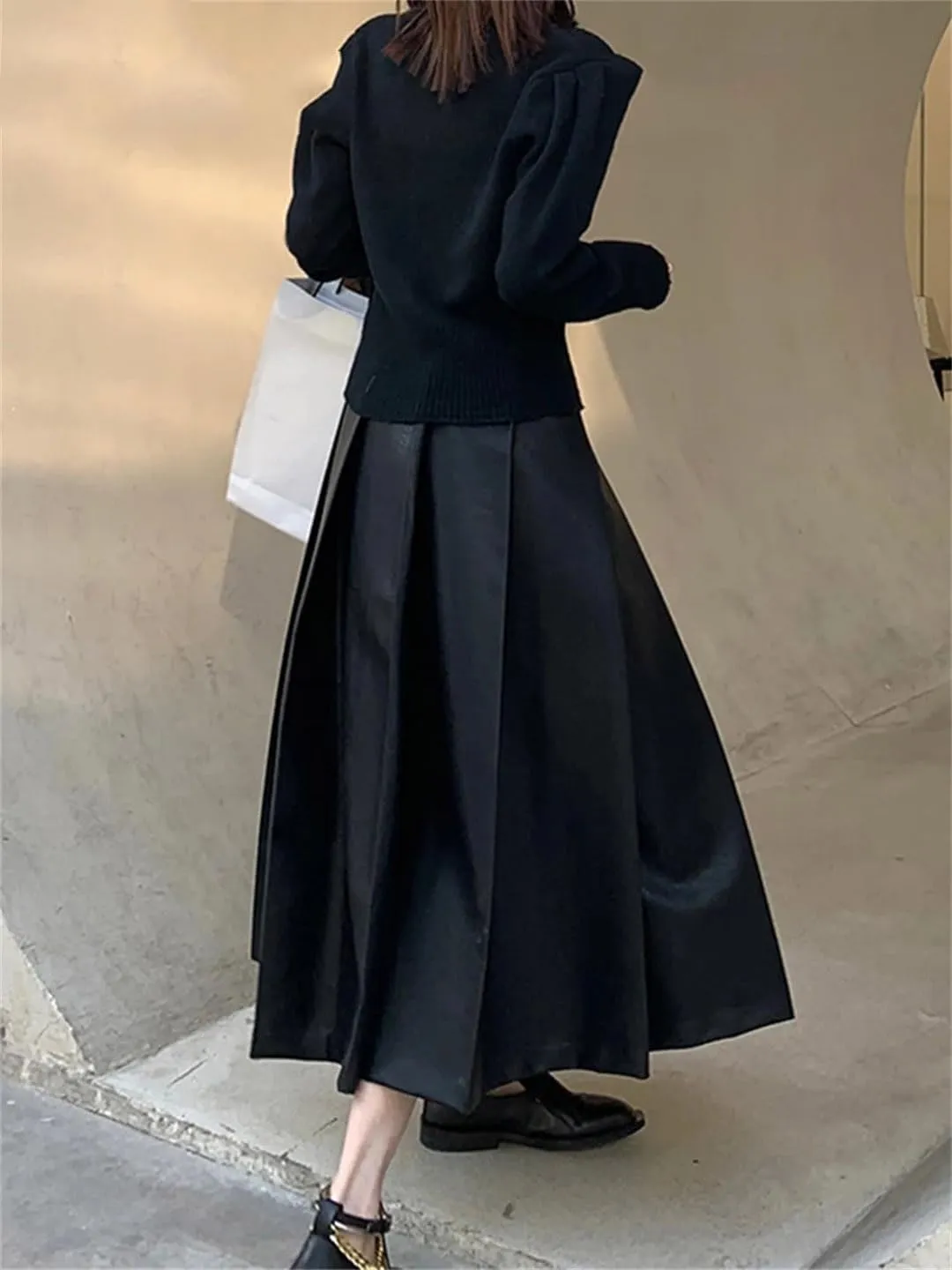Suwequest Autumn High Waisted Pleated Black Soft Faux Leather Midi Skirt A Line Long Skirts for Women