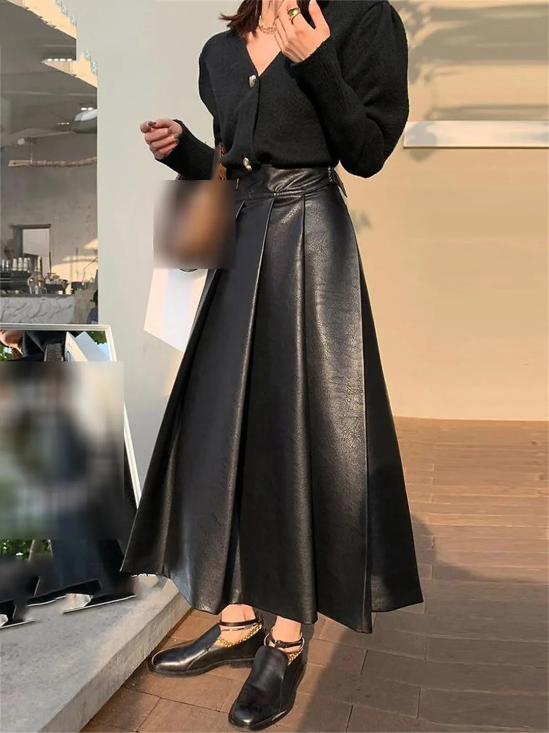 Suwequest Autumn High Waisted Pleated Black Soft Faux Leather Midi Skirt A Line Long Skirts for Women